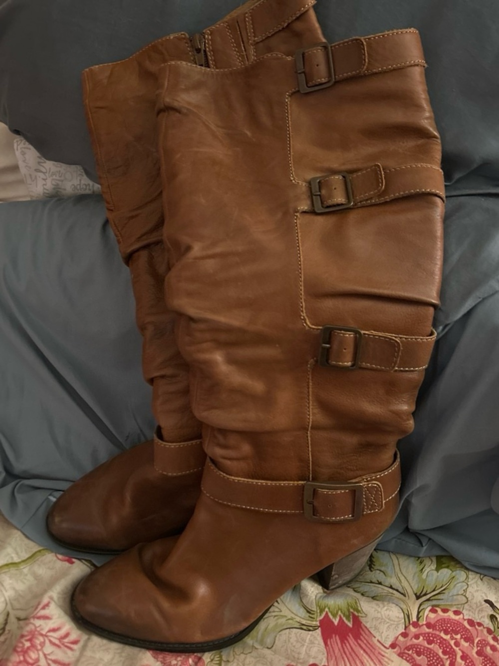 Sofft Leather Tall Slouch Riding Boots Brown Multi Strap Buckle Size 9